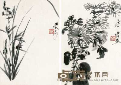 唐云 兰菊 立轴 29×23cm×2